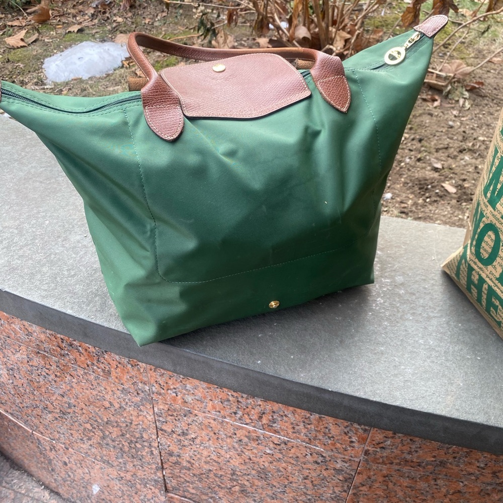LONGCHAMP Frm ROMANIA GENUINE DEEP GREEN BROWN NYLON LEATHER GORG TOTE Bag LUX - Picture 4 of 13